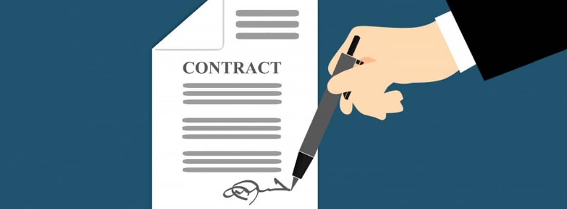 Ilustración de una mano firmando un contrato y otra mano sujetándolo