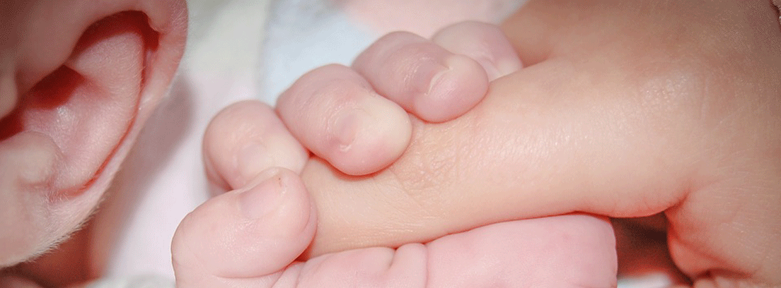 Bebé sosteniendo el dedo de otro niño