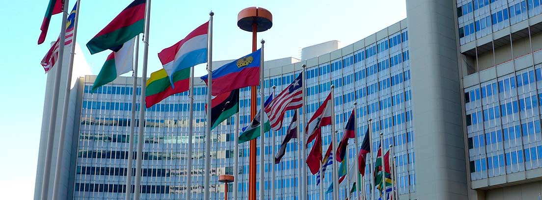 Banderas de distintos países situadas en la Sede de las Naciones Unidas