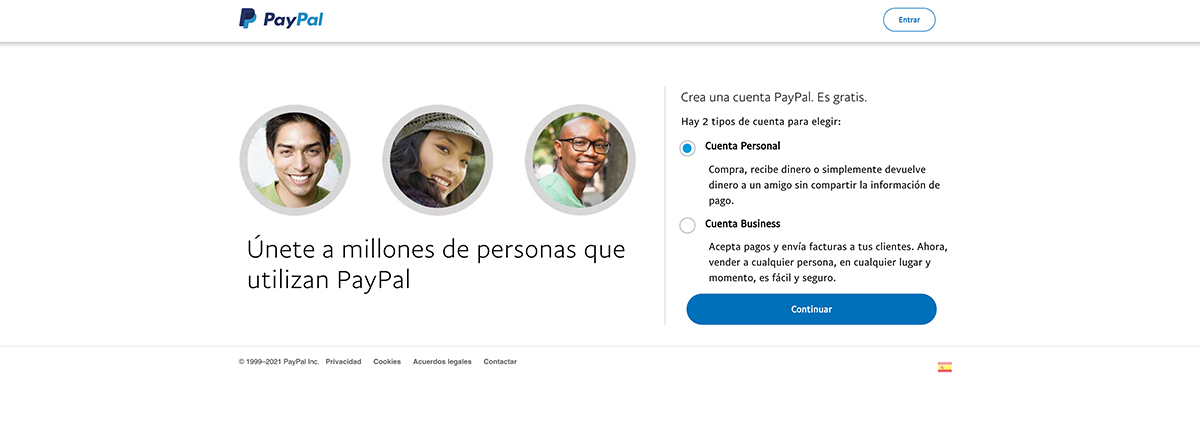 Pantallazo para crear una cuenta de PayPal