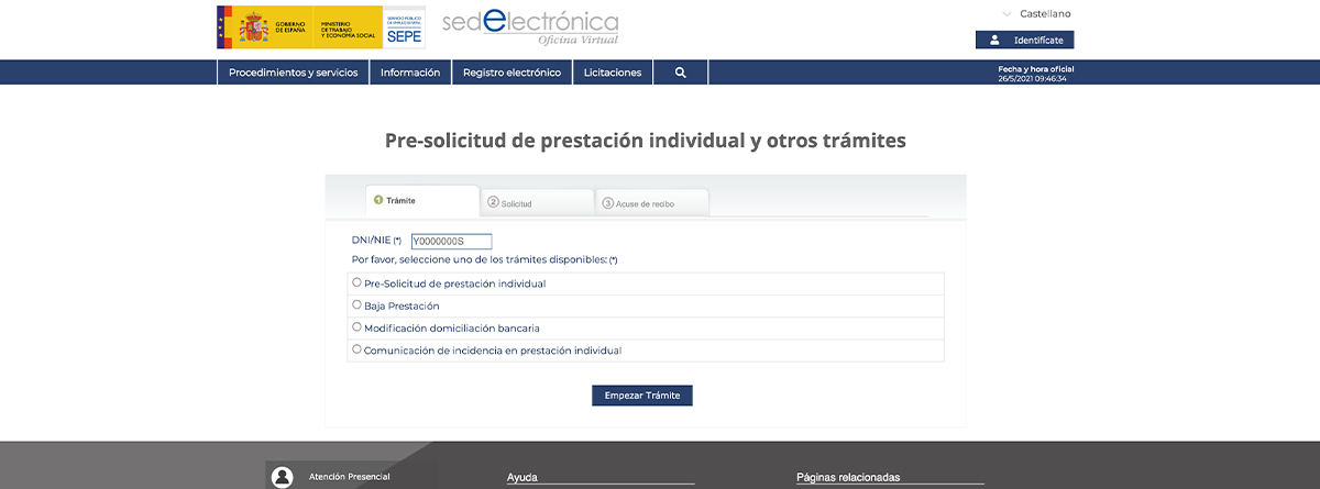 Página de acceso al formulario de pre-solicitud del SEPE