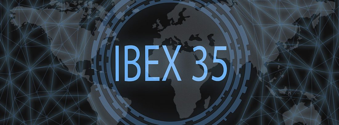 Cartel de IBEX 35 sobre un mapamundi