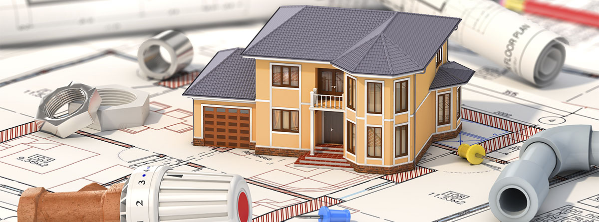 Ilustración de una casa sobre unos planos y varios elementos de reformas